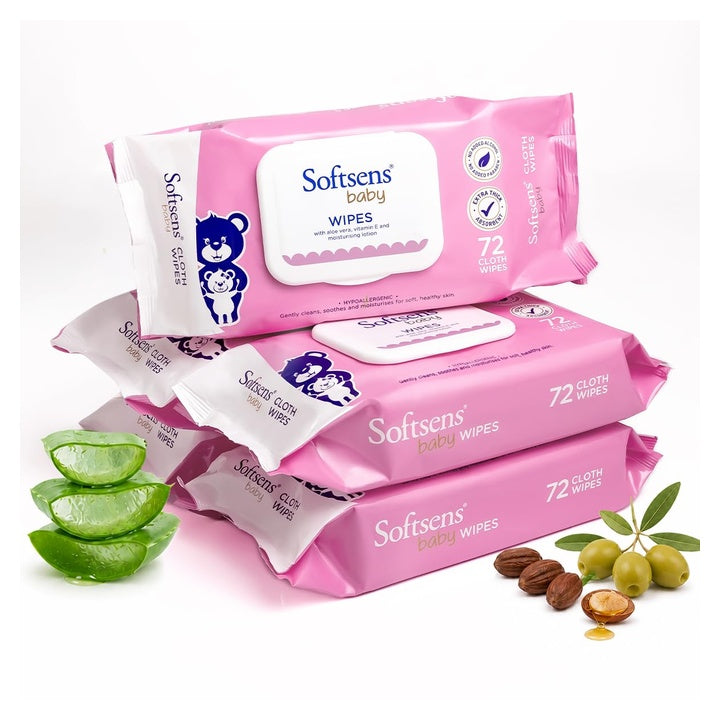 Softsens Baby Gentle Cloth Wipes for Baby Skin Enriched with Aloe Vera & Vitamin E I Dermatologically Tested & Parben Free with Lid - 72 wipes (Pack of 5)