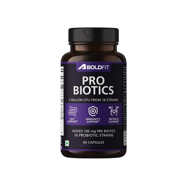 Boldfit Probiotics 5 Billion CFU with 16 Strains and Prebiotics for Gut Cleanse Detox Digestive Health Bloating Relief Constipation Probiotic Supplement for Men and Women Supports Immunity Booster - 60 Veg Capsules