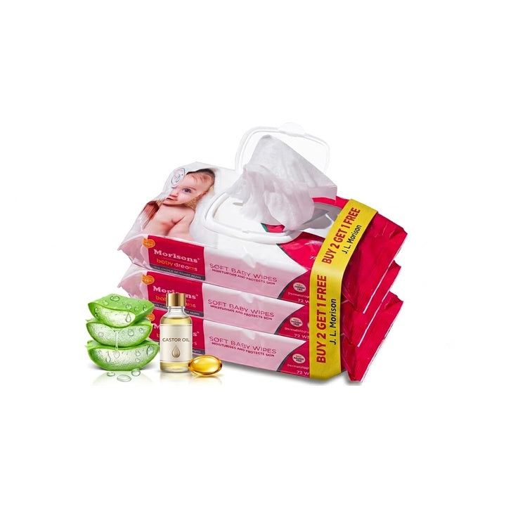 Morisons Baby Dreams Soft Baby Wipes with Lid | 72 Wipes x 3 Packs | 97.5% Water | Aloe Vera & Vitamin E | pH 5.5 | Dermatologically Tested | Alcohol & Paraben Free | 216 Wipes
