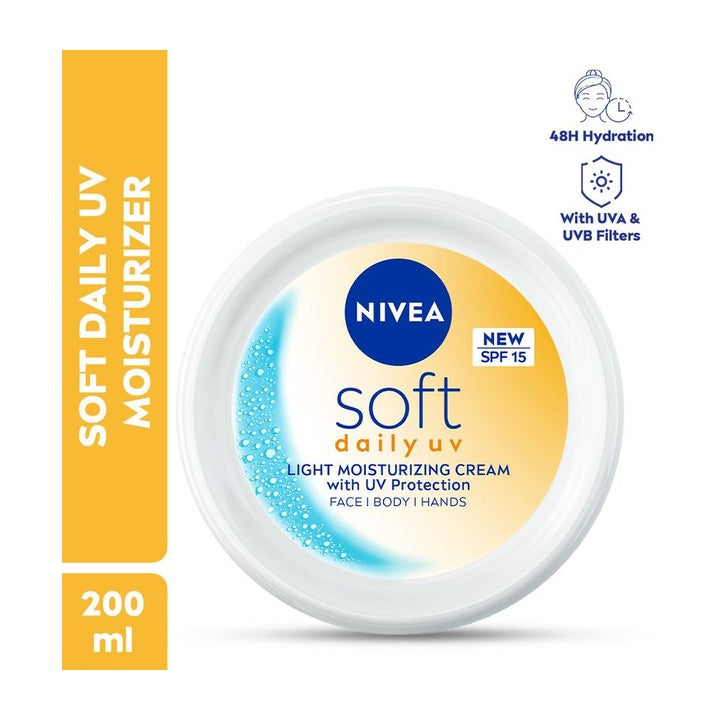NIVEA Soft Daily UV Light Moisturizer Cream with SPF-15, Face Hand & Body, Men & Women