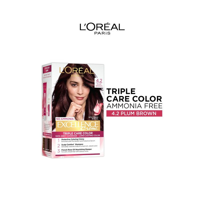 LOreal Paris New Excellence Creme Hair Color Shade 4.2 Plum Brown - 60g+60ml+12ml+40g