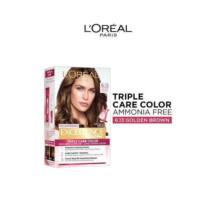 LOreal Paris New Excellence Creme Hair Color Shade 6.13 Golden Brown - 60g+60ml+12ml+40g