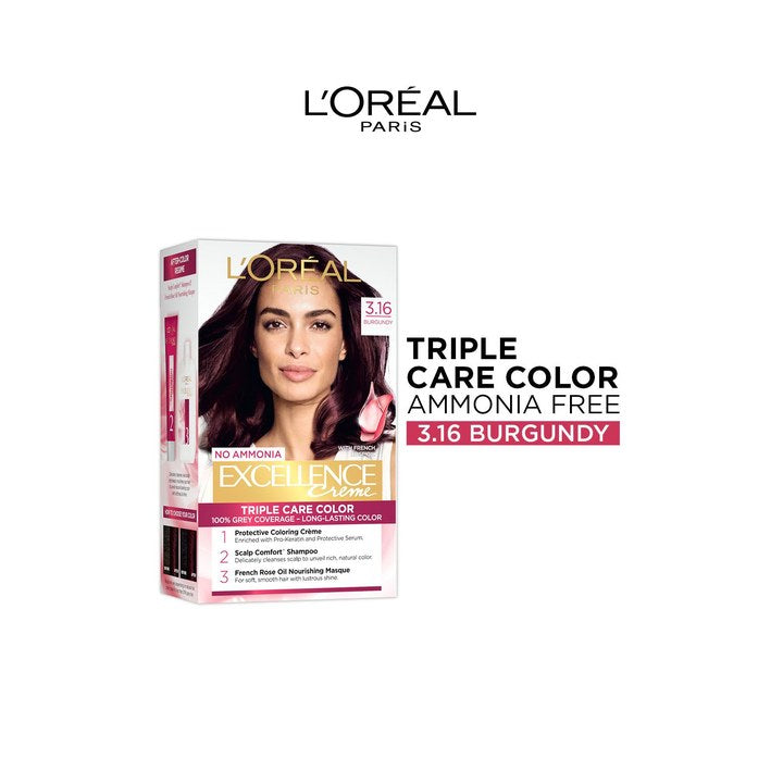 LOreal Paris New Excellence Creme Hair Color Shade 3.16 Burgandy - 60g+60ml+12ml+40g