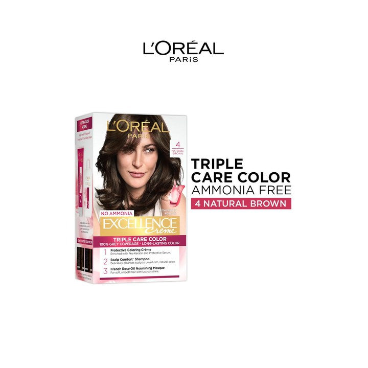 LOreal Paris New Excellence Creme Hair Color Shade 4 Natural Brown - 60g+60ml+12ml+40g