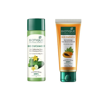 Biotique Set Of Sustainable Bio Cucumber Toner & Bio Papaya Tan-Removal Scrub