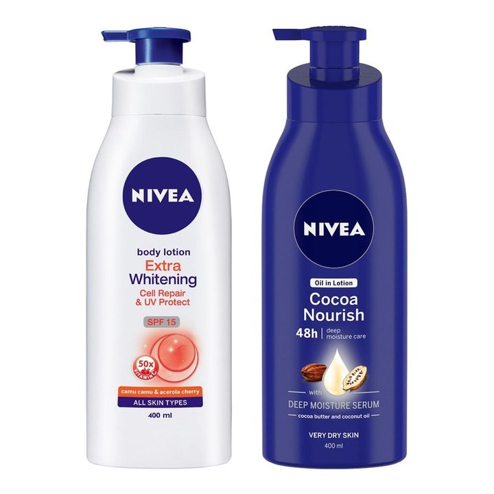 Nivea Set of Extra Whitening Cell Repair & Cocoa Nourish Deep Moisture Serum Body Lotions
