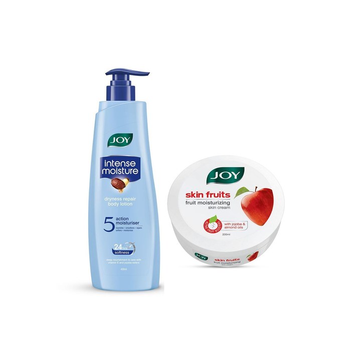 JOY Pack of 2 Intense Moisture Dryness Repair Body Lotion 400ml & Fruits Skin Cream 200ml
