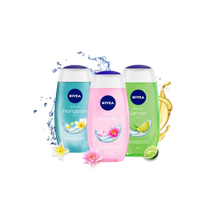 NIVEA Women Pack of 3 Shower Gel Waterlily Firangipani Lemon Oil Body Wash - 250ml Each