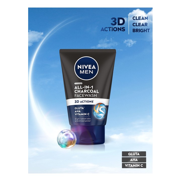 NIVEA Men All in 1 Face Wash Oil Control Charcoal VitaminC Deep Clean Facial Cleanser 100g