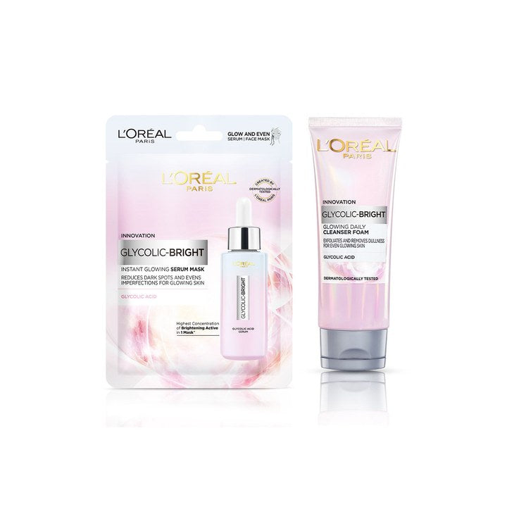 LOreal Paris Set of Glycolic Bright Cleanser Foam - 50 ml & Serum Sheet Mask - 22 g