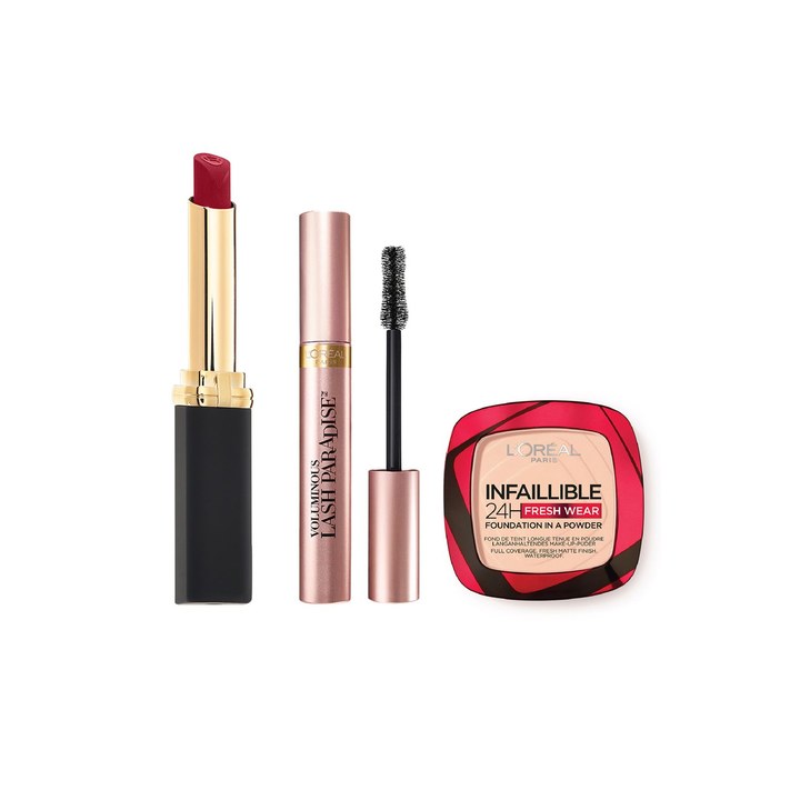 LOreal Paris Set of Color Riche Lipstick & Voluminous Lash Mascara with Powder Foundation