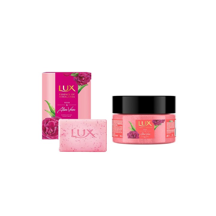 LUX Essence Of Himalayas Rose & Aloe Vera Gel Body Scrub 300g & 5 Pcs Soap Bars- 125g Each