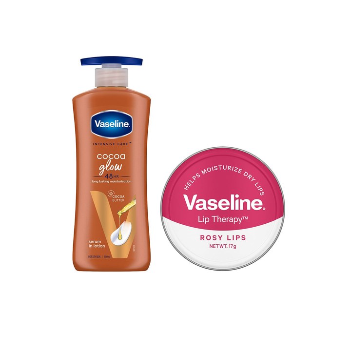 Vaseline Glowing Skin & Hydrated Lips - Cocoa Glow Body Lotion 400 ml & Lip Balm-Rosy Lips