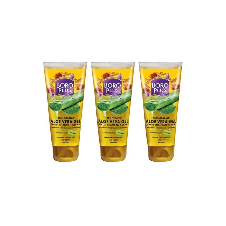BOROPLUS Set of 3 100% Organic Aloe Vera Gel with Haldi Chandan & Kesar - 150ml each