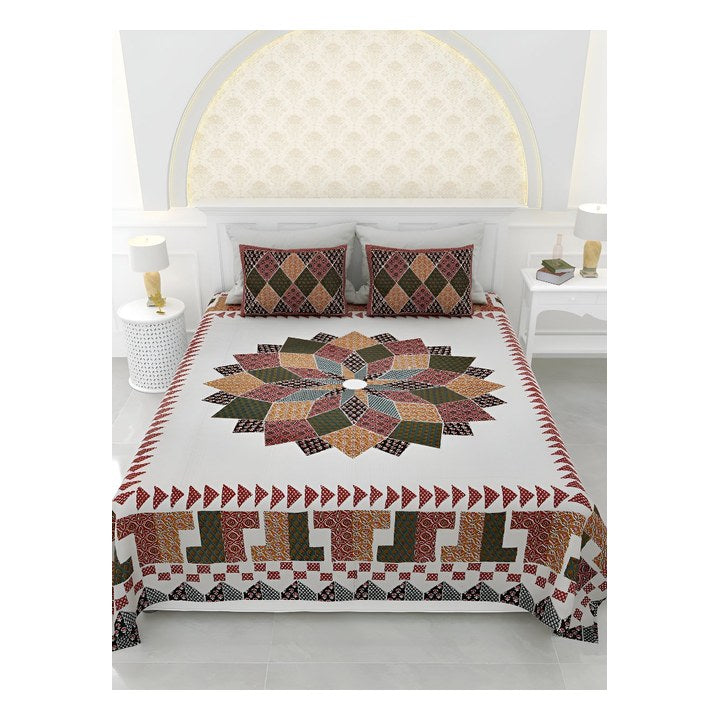 LIVING ROOTS Kashish White Ethnic Motifs Cotton 150 TC King Bedsheet with 2 Pillow Covers-215 x 260 cm