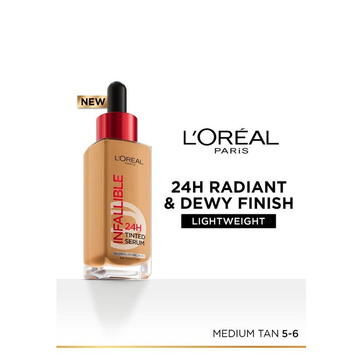 LOreal Paris Infallible 24H Lightweight Dewy Tinted Serum Foundation 30ml - Medium-Tan 5-6
