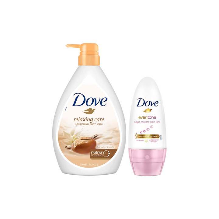 Dove Set Of Relaxing Shea Butter Body Wash & Eventone Deodorant Roll 1000ml + 50ml