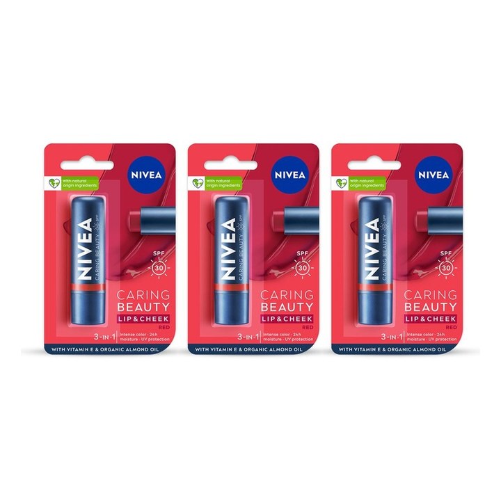 Nivea Set of 3 Caring Beauty SPF 30 Lip & Cheek Tint Balm with Shea Butter 4.8 g Each -Red