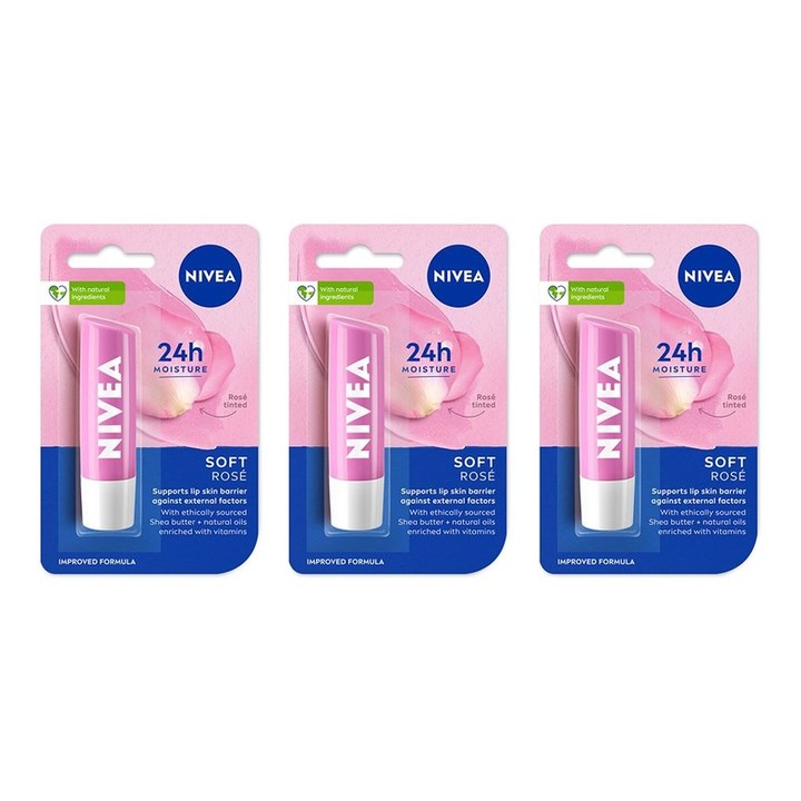 Nivea Women Set of 3 24h Moisture Lip Balm with Natural Oils - Soft Rose