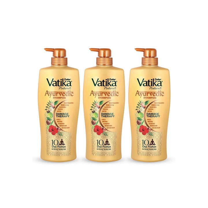 Dabur Set Of 3 Vatika Ayurvedic Shampoo Damage Therapy With 10 Natural Herbs - 640ml Each