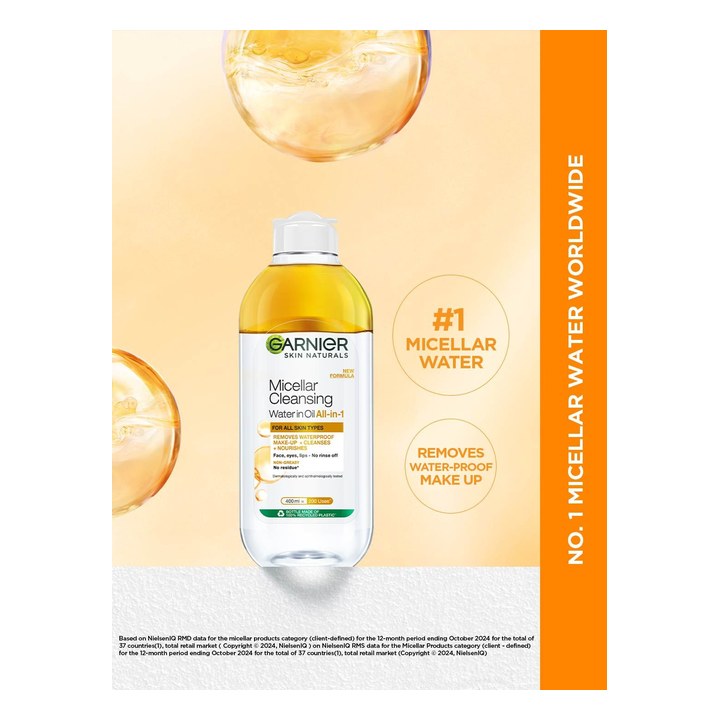 Garnier Oil infused Cleansing Water - Waterproof Makeup Remover For All Skin Types-400ml