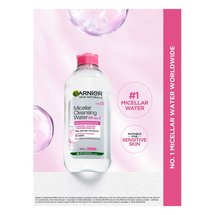 Garnier Micellar Water - Gentle Cleanser For Sensitive Skin, Get 100% Clean Skin - 400ml