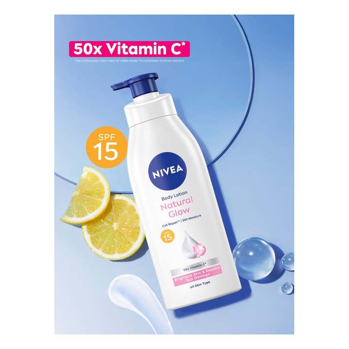 NIVEA Women Natural Glow SPF15 UVA/B Moisturiser Vitamin C 24H Hydration Body Lotion 400ml