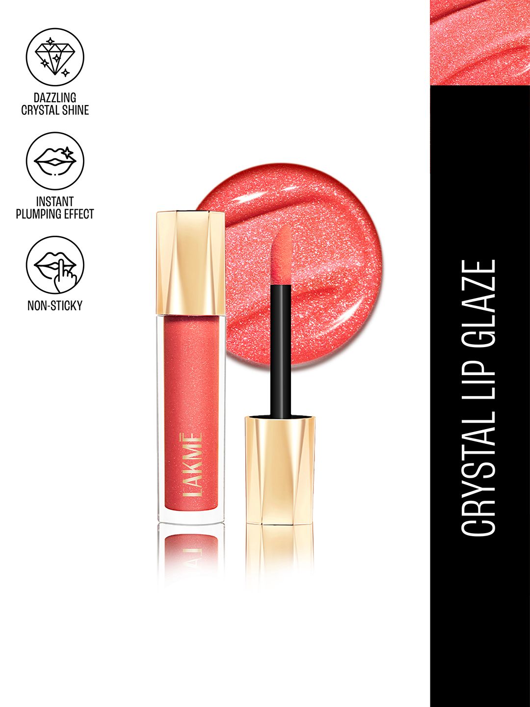 Lakme Glitterati Non-Sticky Hydrating Lip Glaze With Vegan Collagen 5ml - Peach Punch