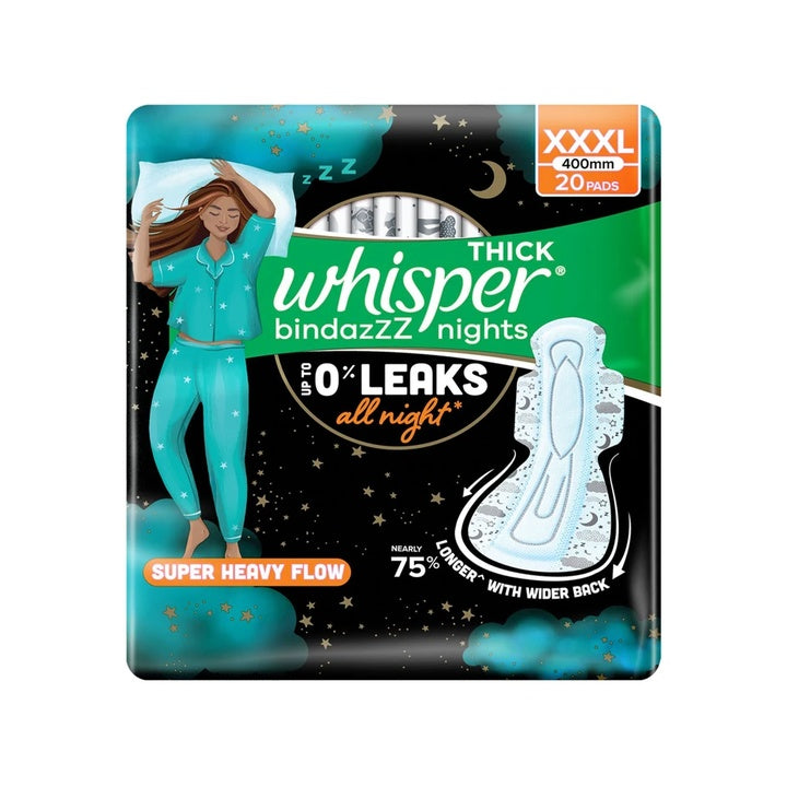 Whisper BINDAZZZ NIGHTS XXXL, UPTO 0% LEAKS ALL NIGHT LONG Sanitary Pad (Pack of 20)