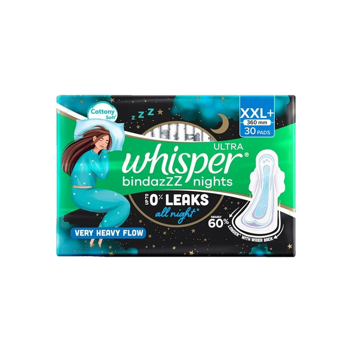Whisper Bindazzz Nights XXL+, Upto 0% Leaks All Night Long Sanitary Pad (Pack of 30)