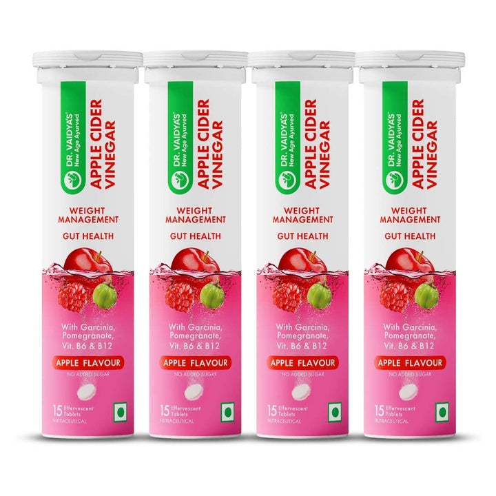 Dr. Vaidya's Apple Cider Vinegar (ACV) Effervescent Tablets with Garcinia, Pomegranate, Vitamin B6 & B12 | Supports Weight Management, Metabolism, Digestion & Gut Health | Tasty Apple Flavour | 15 Tablets per Pack , Pack of 4