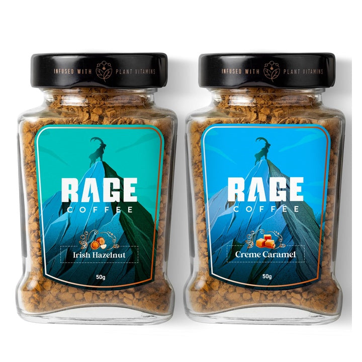 Rage Coffee Flavoured Instant Coffee Combo Pack (Irish Hazelnut & Creme Caramel) | Made Using 100% Arabica Premium Coffee | Smooth, Low Calorie, No Added Sugar | Hot & Cold Coffee | 50g each (50 * 2)