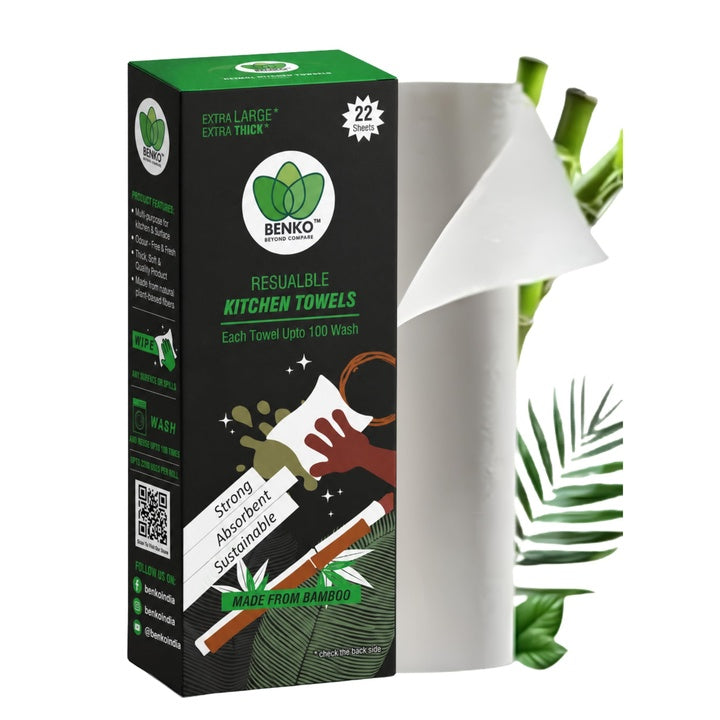 BENKO Reusable Bamboo Kitchen Towel Roll, 22 Sheets | Highly Absorbent Cleaning Wipes, Up to 2200 Washes | Multipurpose Kitchen Cleaning Cloth | Kitchen Tissue Paper Roll for Home Cleaning