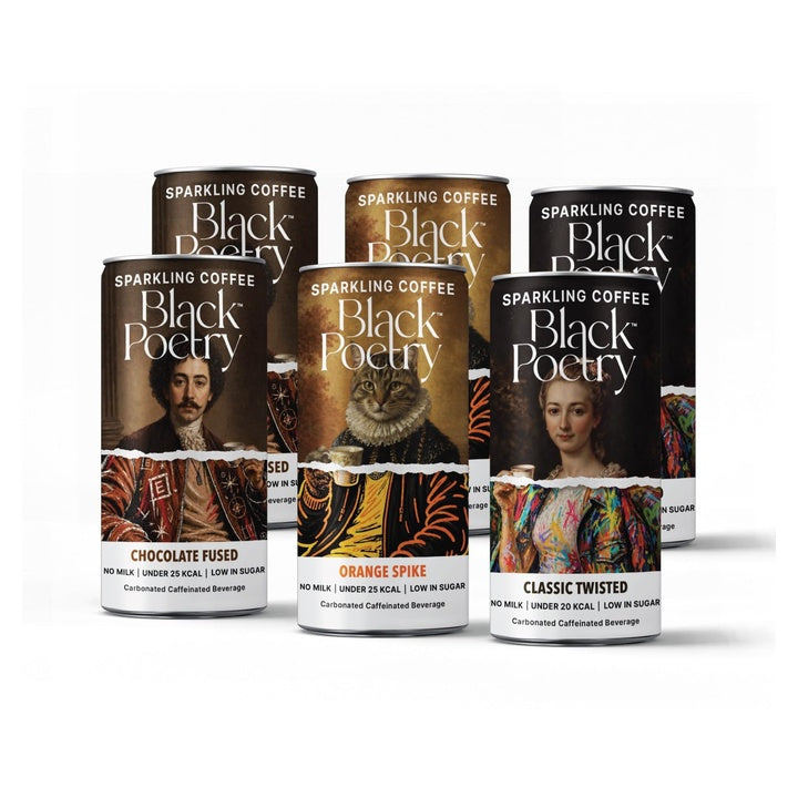 Black Poetry Sparkling Coffee Variety Pack of 6 – 185ml Each | 2 Each of Classic Twisted, Orange Spike & Chocolate Fused Flavours | 100% Arabica Cold Brew | Ready-to-Drink Black Coffee | Low Sugar