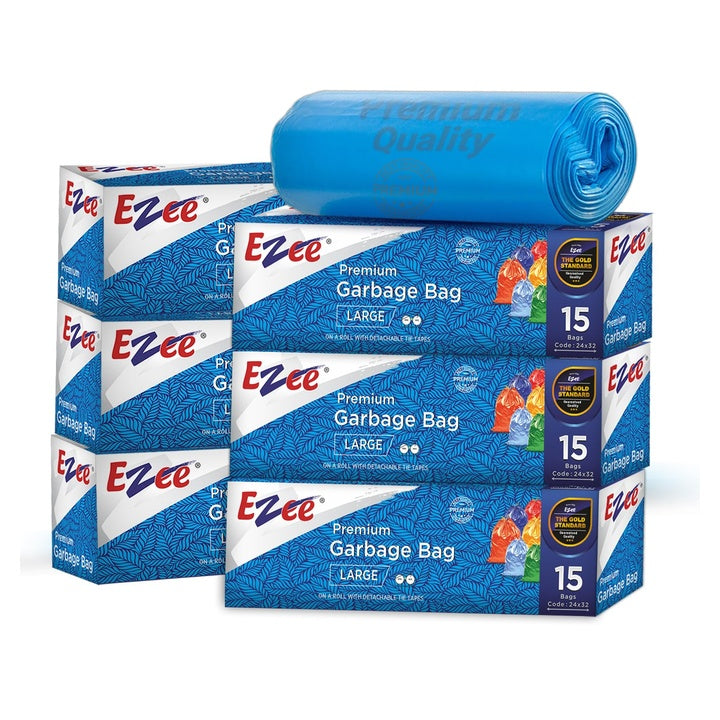 Ezee Plastic Blue Garbage Bags Large 90 Pcs | 15 Pcs | 24 x 32 Inch | Dustbin Bags/Trash Bags/Dustbin Covers for Wet and Dry Waste, Set of 1