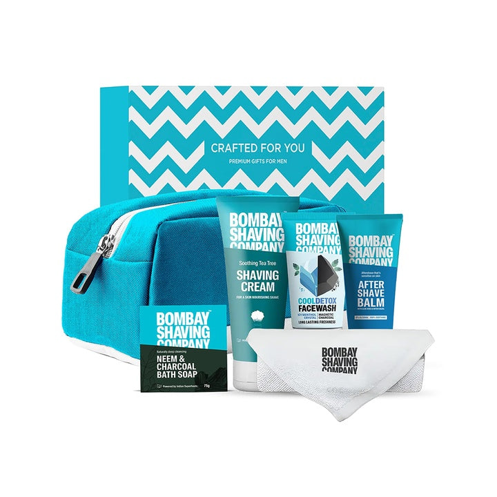 Bombay Shaving Company Premium Shaving Kit For Men | Charcoal Face Scrub, Charcoal Shaving Cream, Post Shave Balm, Neem & Charcoal Bath Soap, Face Towel | Travel Bag | Shaving Kit | Travel Kit For Men