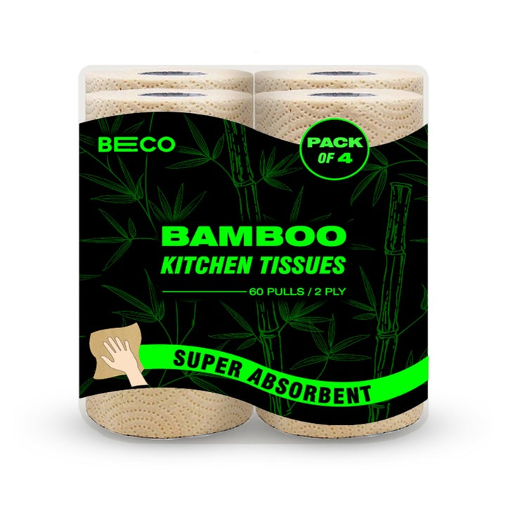 Beco Bamboo -2 Ply Kitchen Tissue/Towel Roll | 240 Pulls (60 pulls x 4 Rolls) | 100% Eco-Friendly - Pure Bamboo Pulp |Soft & Super Absorbent | Food Safe & Chemical Free Tissue Papers