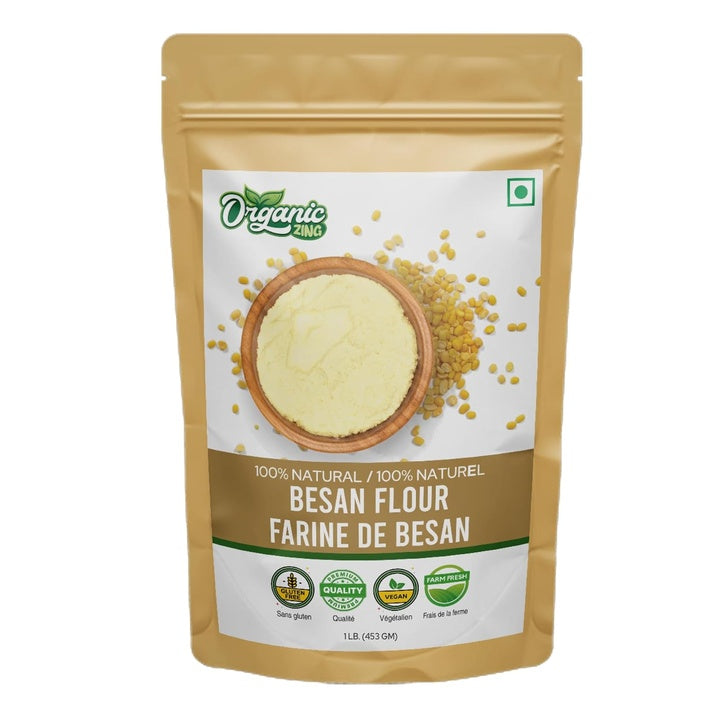 Organic Zing Besan Flour also known as Chickpea Flour, Bengal Gram Flour or Garbanzo Bean Flour | Vegan | Preservative Free | Product of India - (453gm) Resealable Pack