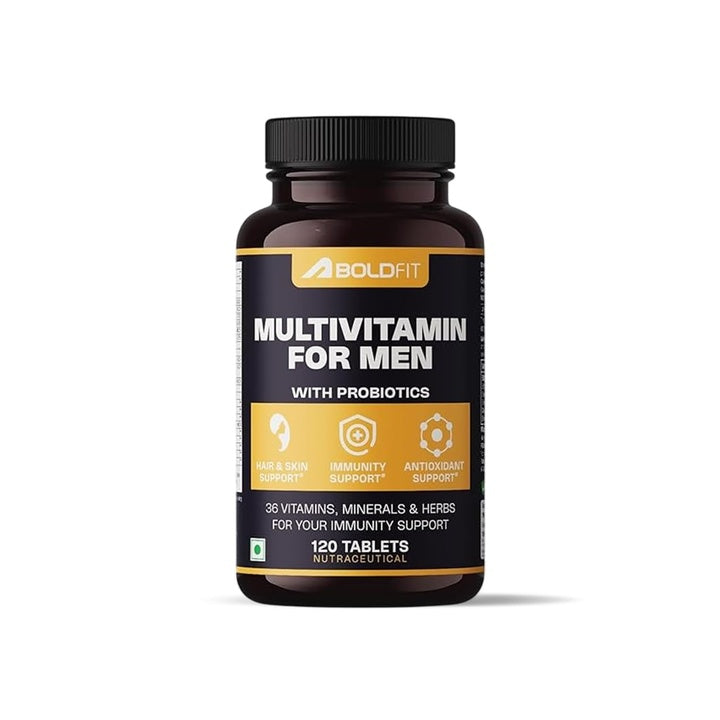 Boldfit Best Multivitamin Tablet For Men, Multi vitamin Tablet For Men with Probiotics, Vitamin C, E, B12, B6, Zinc & Grape Extract For Immunity & Energy Multivitamin Supplement- 120 Veg Tablets