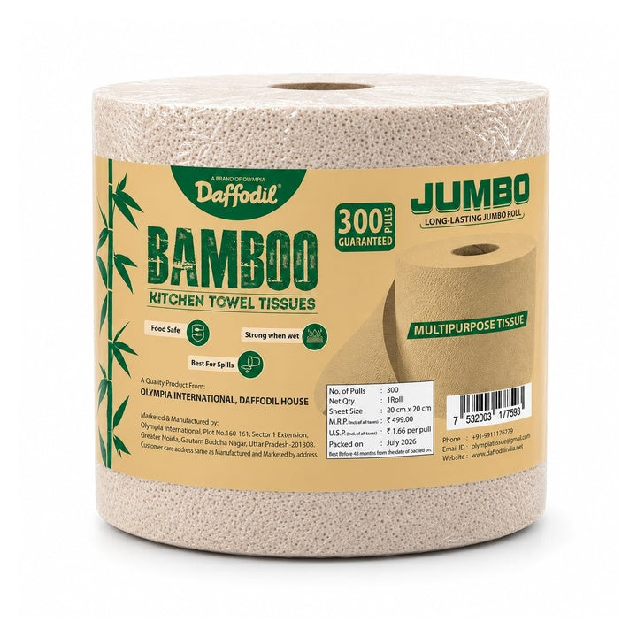 DAFFODIL Jumbo 2 Ply Bamboo Kitchen Towels – 300 Pulls, Pack of 1 Roll | 100% Pure Bamboo Pulp | Eco-Friendly | Super Absorbent | Food Safe | Strong & Soft Disposable Kitchen Tissue Roll
