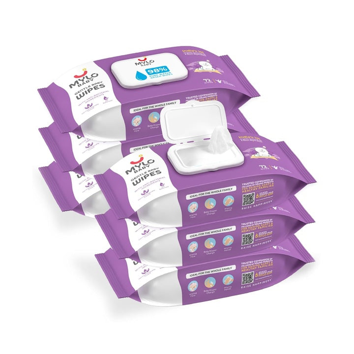 With Aloe Vera, Coconut Oil, Neem, & Vitamin E | 98% Pure Water | Dermatologically Tested | pH Balanced | Pack of 6 - Mylo Baby Gentle Baby Wipes with Lid (72 Wipes, Pack of 6)