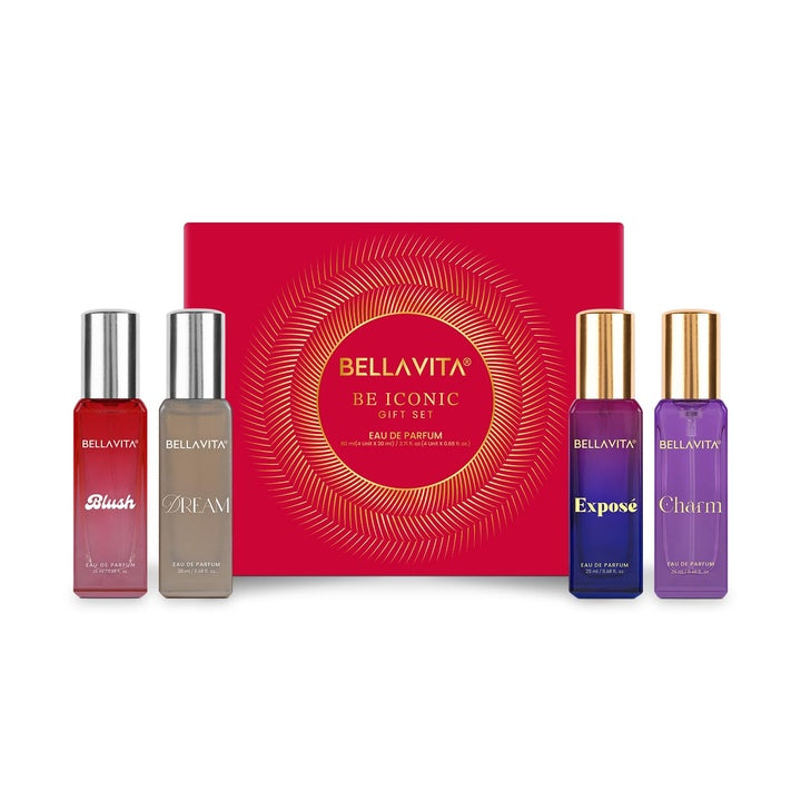 BELLAVITA Be ICONIC | Long Lasting Perfume Gift Set | 4x20ml | Perfume for Woman | Gift for Woman | with Red Fruits, Jasmine & Pink Pepper | Fruity, Floral Premium Fragrance for Women