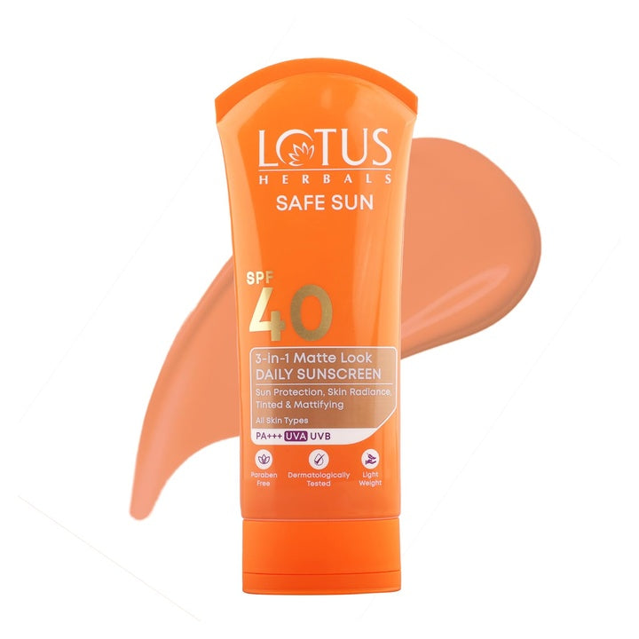 Lotus Herbals Safe Sun 3 In 1 Tinted Daily Sunscreen SPF 40 PA+++ | In Vivo Tested | Tinted Matte Look | UVA & UVB Protection | Non-Greasy | No White Cast | For All Skin Types | For Women & Men | 75g