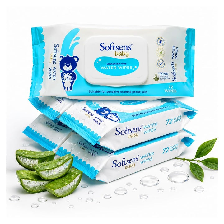 Softsens Baby 99.9% Pure Water Wipes | Pure Aloe Vera Extract with Lid Wipes For Babies (Pack of 5)