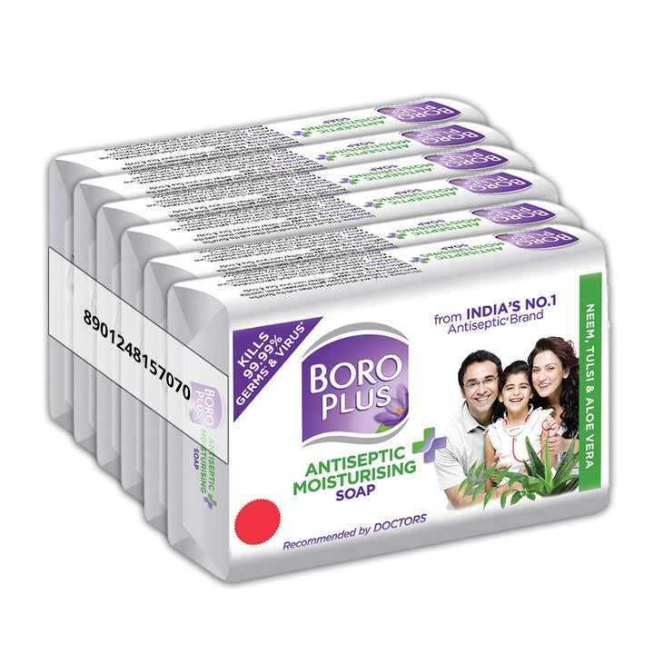 Boroplus Antiseptic And Moisturising Bathing Soap With Aloe Vera, Neem And Tulsi | 99.9% Germ And Virus Protection | For Smooth, Soft & Nourished Skin, 125G (Pack Of 6)