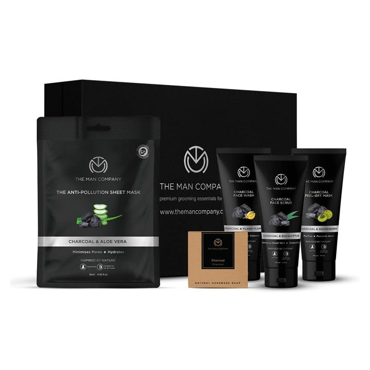 The Man Company De Tan Charcoal Facial Kit for Man with Face Wash, Face Scrub, Peel Off Mask, Sheet Mask, Soap for Whitehead & Blackhead Removal, Deep Skin Cleansing & Oil Control | Best Gift Set