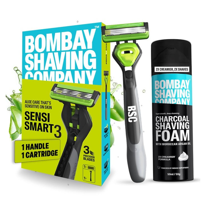 Bombay Shaving Company Sensi Smart 3 Razor and Charcoal Shaving Foam Combo | 3 Blades Shaving Razor For Men | Charcoal Shaving Foam, 50g