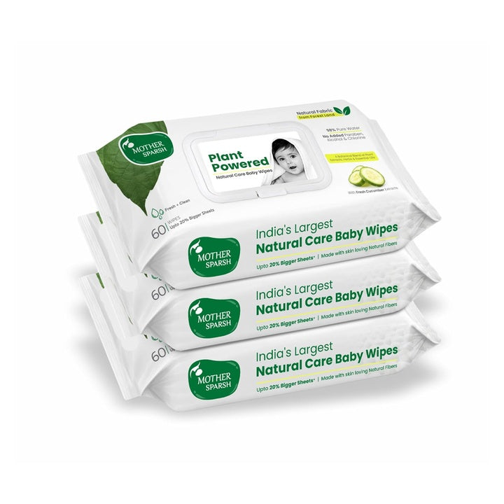 Mother Sparsh Natural Care Water Baby Wipes with Lid | 100% Plant Made Fabric From Forest Land | Fresh+Cleanse (with Cucumber) Plant Powered Wet Wipes For Baby I Cotton Cloth Like Bigger Sheets | 60 Pcs (Pack of 3)