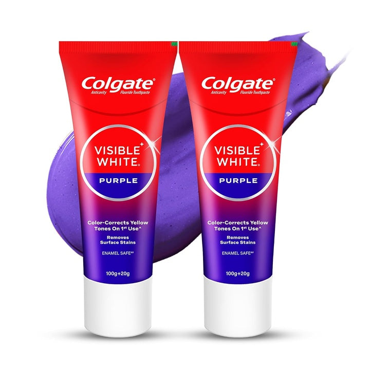Colgate Visible White Purple Toothpaste for Teeth Whitening, Helps Remove Surface Stains, Whitens Yellow Teeth, Enamel-Safe for Daily Use (Combo Pack, 200g + 40g)