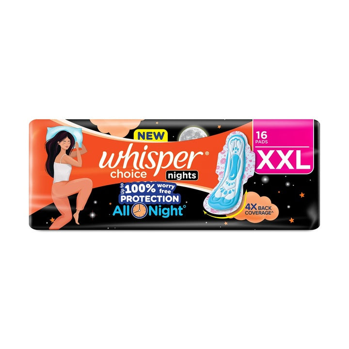 Whisper Choice Nights, 16 XXL Pads, Gives Up to 100% worry-free protection all night** with 4x back coverage